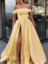 A Line Off the Shoulder Satin High Slit Yellow Prom Dresses LBQ1074